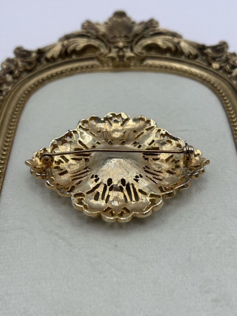Victorian Brooch Gold Tone Pin Diamond Shape Rhinestone Vintage Chunky Art Deco - Picture 5 of 10